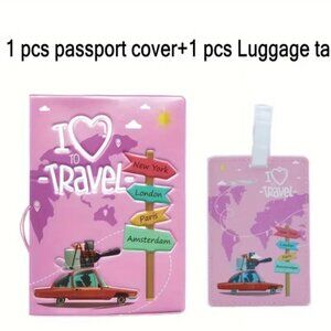 Passport Case Cover I Love to Travel Pink with Matching Luggage Tag NWT